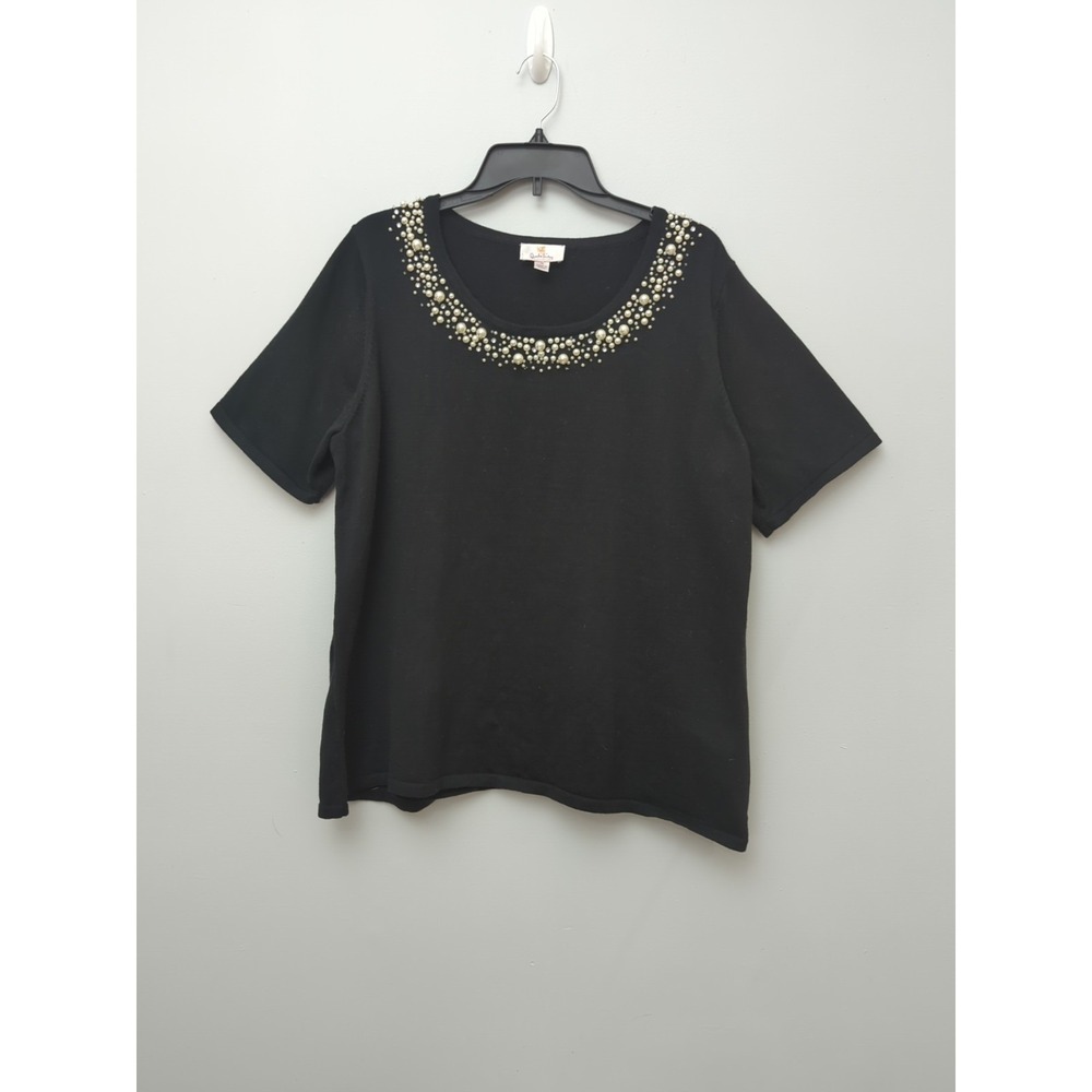 A1‎ Quacker Factory Faux Pearl Embellished Black Short Sleeve Sweater Women's 1X